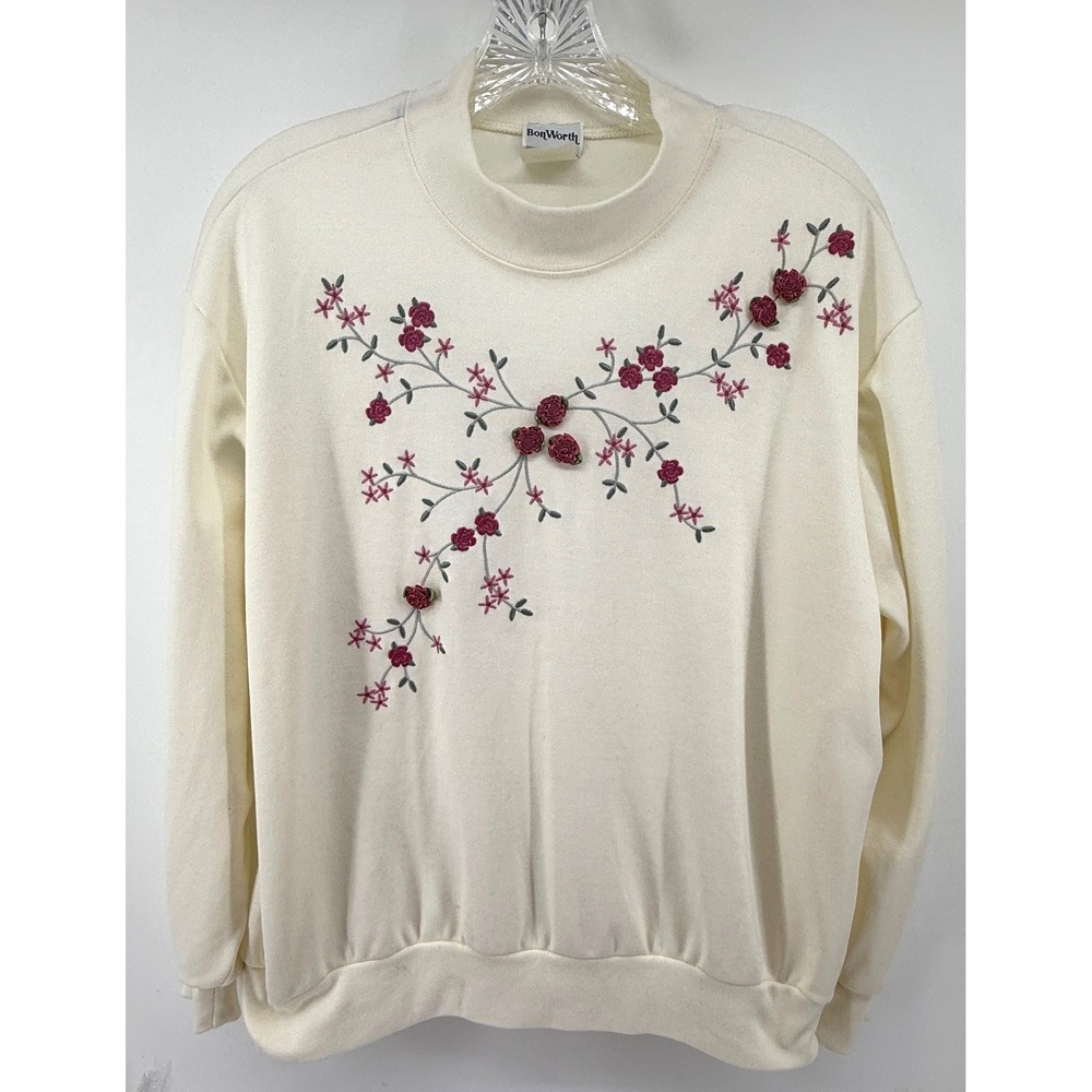 BonWorth Vintage Floral Ribbon Rose Mock Neck Sweatshirt Cream Ivory Medium P